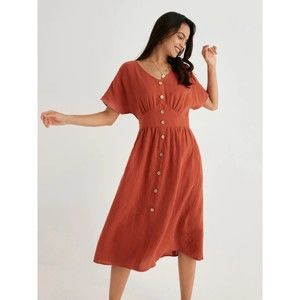 Valentina 100% Linen Button-Front A-Line Midi Dress